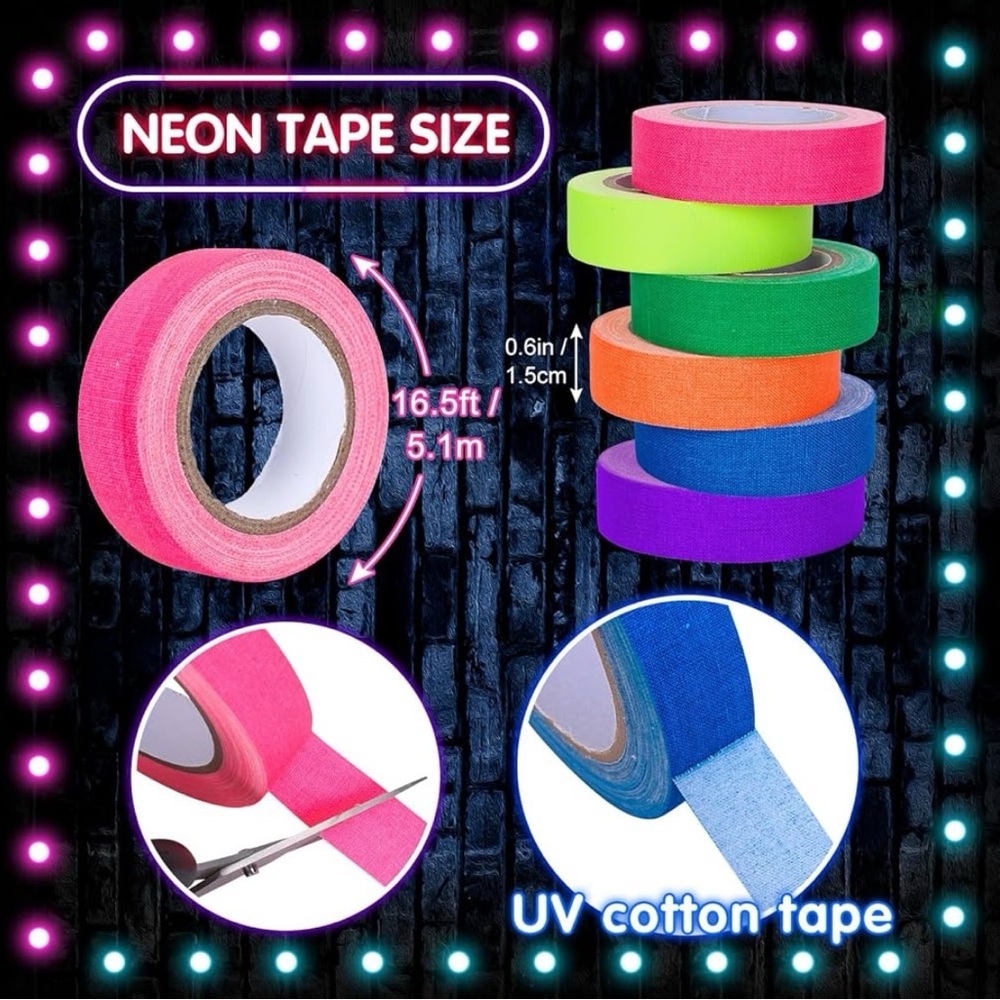 New Whaline 6 Colors Neon Gaffer Cloth Tape, Fluorescent UV Blacklight Tape Set